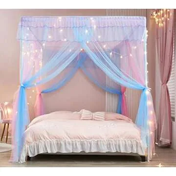 Mengersi Rainbow Canopy Bed Curtains with Lights - Princess Bed Canopy for Girls - Bed Drapes Netting- Bedroom Decoration Accessories,Twin