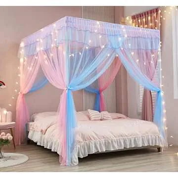 Mengersi Rainbow Canopy Bed Curtains with Lights - Princess Bed Canopy for Girls - Bed Drapes Netting- Bedroom Decoration Accessories,Twin