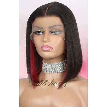 Labhairs Red Highlight Bob 150% Density Human Hair Front Lace Wig, HD Transparent Lace, Pre Plucked, Bleached Knots, Straight Blunt Cut Ombre Bob Wig Human Hair(13x6x1 T Part Lace, 12In)
