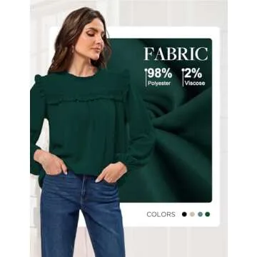 Womens Casual Crew Neck Lantern Long Sleeve Cute Tops Blouses 2024 Fashion Green Going Out Tops L