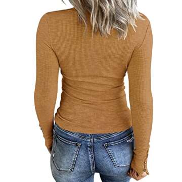 KINLONSAIR Women’s Long Sleeve Henley T Shirts Button Down Slim Fit Tops Scoop Neck Ribbed Knit Sh...