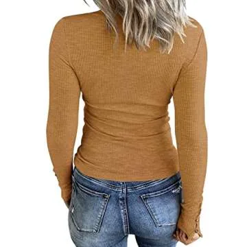 KINLONSAIR Women’s Long Sleeve Henley T Shirts Button Down Slim Fit Tops Scoop Neck Ribbed Knit Sh...