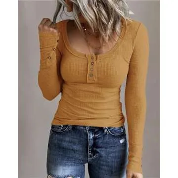KINLONSAIR Women’s Long Sleeve Henley T Shirts Button Down Slim Fit Tops Scoop Neck Ribbed Knit Shirts Brown