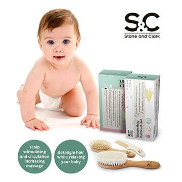 Baby Hair Brush and Baby Comb Set for Newborn, Boy and Girl - Wooden Baby Brush w/Soft Goat Bristles for Cradle Cap - Infant, Toddler Hair Brush, Baby Grooming kit, Soft Hair Brush by Stone & Clark
