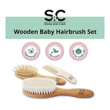 Baby Hair Brush and Baby Comb Set for Newborn, Boy and Girl - Wooden Baby Brush w/Soft Goat Bristles for Cradle Cap - Infant, Toddler Hair Brush, Baby Grooming kit, Soft Hair Brush by Stone & Clark
