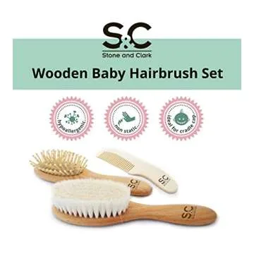 Baby Hair Brush and Baby Comb Set for Newborn, Boy and Girl - Wooden Baby Brush w/Soft Goat Bristles for Cradle Cap - Infant, Toddler Hair Brush, Baby Grooming kit, Soft Hair Brush by Stone & Clark