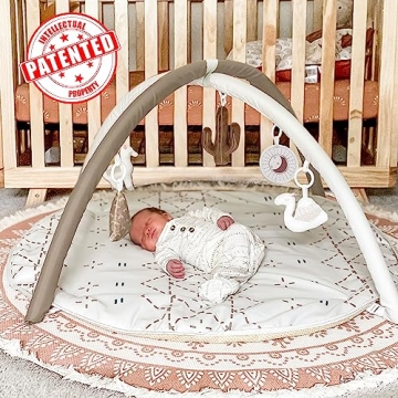 Tummy Time Mat with 6 Toys, Macrame Baby Play Mat for Newborn, Baby Gym with 12 Milestone Cards, Stage-Based Sensory and Motor Skill Development Baby Play Gym, Non Slip Mat Washable, Khaki
