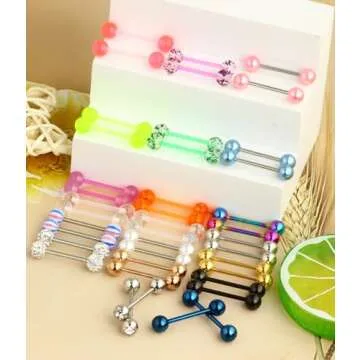 Suotarn 40pcs 14G Tongue rings For Women Stainless Steel Straight Tongue Barbell UV Acrylic Plastic Tongue Piercing Jewelry Nipple Piercings 5/8" Glow in Dark Flexible Retainer Body Jewelry for Men