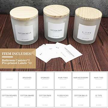 Ezebesta 3PCS Modern 13.53oz Transparent Bathroom Canisters with 12 Labels & Wooden Lid Thick Glass ...
