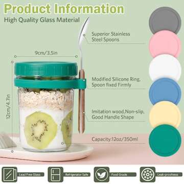HuaQi Overnight Oats Jars with Spoons and Lids - Mason Jars 16 Oz with Lids - Glass Jar with Lid 6pack Yogurt Containers with Lids for Overnight Oats, Meal Prep,Yogurt,Chia Pudding, Salad, Fruit