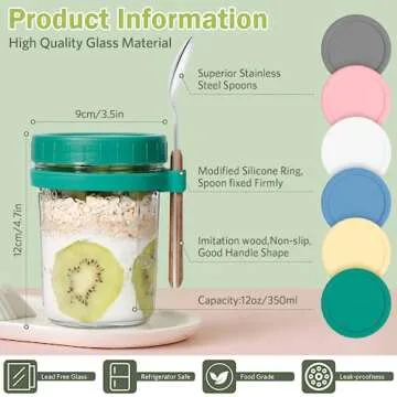 HuaQi Overnight Oats Jars with Spoons and Lids - Mason Jars 16 Oz with Lids - Glass Jar with Lid 6pack Yogurt Containers with Lids for Overnight Oats, Meal Prep,Yogurt,Chia Pudding, Salad, Fruit