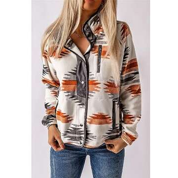 SELINK Womens Fleece Jacket Western Aztec Print Long Sleeve Snap Button Down Shacket Jackets with Pockets Grey-L