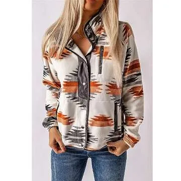 SELINK Womens Fleece Jacket Western Aztec Print Long Sleeve Snap Button Down Shacket Jackets with Pockets Grey-L