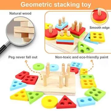 WOOD CITY Wooden Montessori Sorting & Stacking Toys for Toddlers 1 2 3 Year Old, Educational Shape Color Recognition Puzzle Stacker, Development & Learning Toys Boys Girls