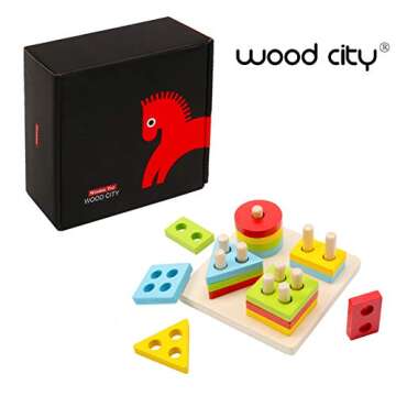 WOOD CITY Wooden Montessori Sorting & Stacking Toys for Toddlers 1 2 3 Year Old, Educational Shape Color Recognition Puzzle Stacker, Development & Learning Toys Boys Girls
