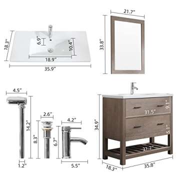 wonline 36’’ Bathroom Vanity with Sink Freestanding Cabinet Set Design Resin Basin Undermount Si...
