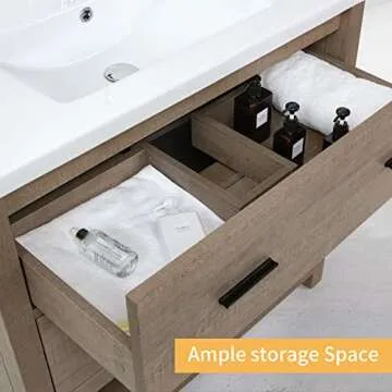 wonline 36’’ Bathroom Vanity with Sink Freestanding Cabinet Set Design Resin Basin Undermount Sink with Mirror Chrome Faucet P-Trap Drain Modern Bathroom Sink Cabinet Brown Powder Room