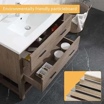 wonline 36’’ Bathroom Vanity with Sink Freestanding Cabinet Set Design Resin Basin Undermount Sink with Mirror Chrome Faucet P-Trap Drain Modern Bathroom Sink Cabinet Brown Powder Room