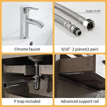 wonline 36’’ Bathroom Vanity with Sink Freestanding Cabinet Set Design Resin Basin Undermount Sink with Mirror Chrome Faucet P-Trap Drain Modern Bathroom Sink Cabinet Brown Powder Room