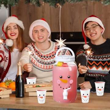 Umigy Christmas 1 Gallon Plastic Drink Dispenser with Spigot, Beverage Dispenser with 20 Pcs 12 oz Snowman Paper Party Cups Water Dispenser Tea Jar for Parties, Lemonade, Tea, Beer