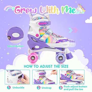 SULIFEEL Rainbow Unicorn 4 Size Adjustable Light up Roller Skates for Kids