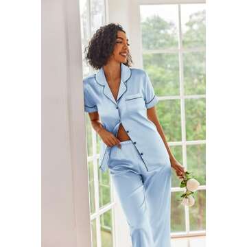 Ekouaer Silk Satin Pajamas Set Women Short Sleeve Sleepwear Soft Button Down Loungewear Pjs Set Light blue Medium
