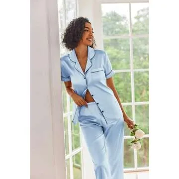 Ekouaer Silk Satin Pajamas Set Women Short Sleeve Sleepwear Soft Button Down Loungewear Pjs Set Light blue Medium