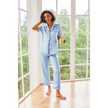 Ekouaer Silk Satin Pajamas Set Women Short Sleeve Sleepwear Soft Button Down Loungewear Pjs Set Light blue Medium