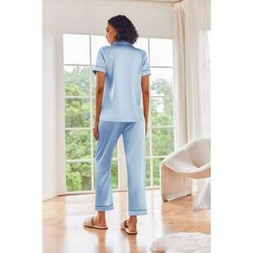 Ekouaer Silk Satin Pajamas Set Women Short Sleeve Sleepwear Soft Button Down Loungewear Pjs Set Light blue Medium