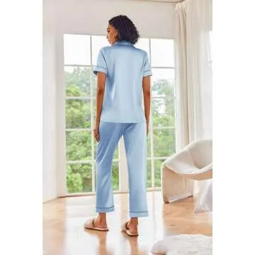 Ekouaer Silk Satin Pajamas Set Women Short Sleeve Sleepwear Soft Button Down Loungewear Pjs Set Light blue Medium
