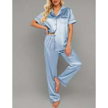 Ekouaer Silk Satin Pajamas Set Women Short Sleeve Sleepwear Soft Button Down Loungewear Pjs Set Light blue Medium