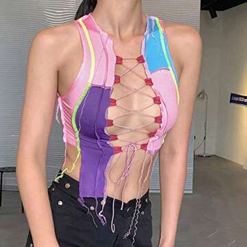 Miessial Women's Punk Knit Crop Tank Top Cute Colorful Clubwear Camisoles Top Pink 2-4