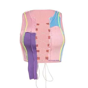 Miessial Women's Punk Knit Crop Tank Top Cute Colorful Clubwear Camisoles Top Pink 2-4