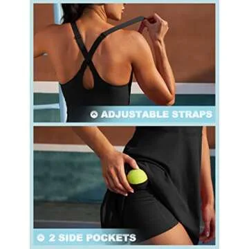 IUGA Womens Tennis Dress Built in Shorts & Bra Adjustable Straps Exercise Workout Dress with Pockets Golf Athletic Dresses Black