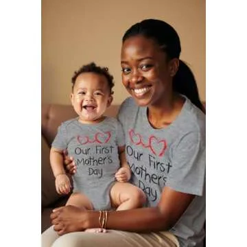 Tstars Our First Mothers Day Mommy and Me Matching Outfits Mom and Baby Shirts Set Mom Gray Small/Ba...
