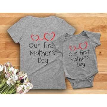 Tstars Our First Mothers Day Mommy and Me Matching Outfits Mom and Baby Shirts Set Mom Gray Small/Baby Gray Newborn (0-3M)
