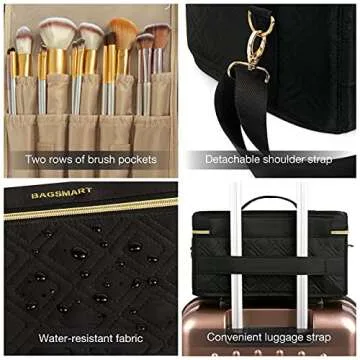 BAGSMART Large Makeup Bag, Double-Layer Makeup Case with Shoulder Strap Cosmetic Organizer Bag Train Case for Makeup Brushes Palettes Sponge Toiletries,Large,Black