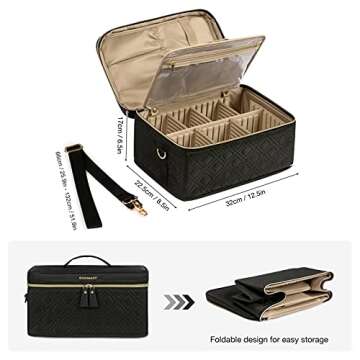 BAGSMART Large Makeup Bag, Double-Layer Makeup Case with Shoulder Strap Cosmetic Organizer Bag Train Case for Makeup Brushes Palettes Sponge Toiletries,Large,Black