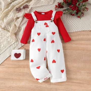 Toddler Baby Girl Valentine's Day Clothes Ruffled Sleeves Top Heart Bell Bottoms Flared Overalls Suspender Pants Set (Hearts-B, 3-4T)