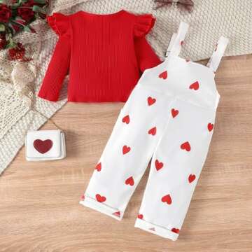 Toddler Baby Girl Valentine's Day Clothes Ruffled Sleeves Top Heart Bell Bottoms Flared Overalls Suspender Pants Set (Hearts-B, 3-4T)