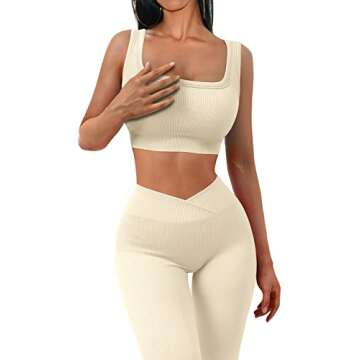 JZC Stretchy Leggings Women Exercise Outfits 2 Pieces Yoga Sexy Crop Top and Leggings Set Beige Medium