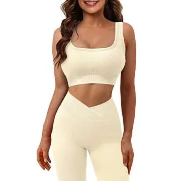 JZC Stretchy Leggings Women Exercise Outfits 2 Pieces Yoga Sexy Crop Top and Leggings Set Beige Medium