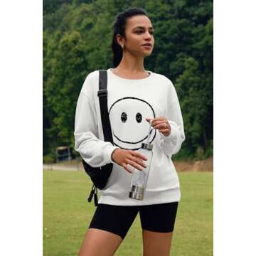 ReachMe Womens Smile Face Sweatshirt - Trendy Cute Graphic Pullover Tops