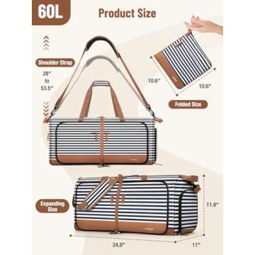 Lekesky Foldable Travel Duffle Bag for Women, 60L Large Duffel Bag with Separate Shoes Compartments & Straps, Carry On Weekend Bag for Women, Hospital, Overnight (Blue Stripes)