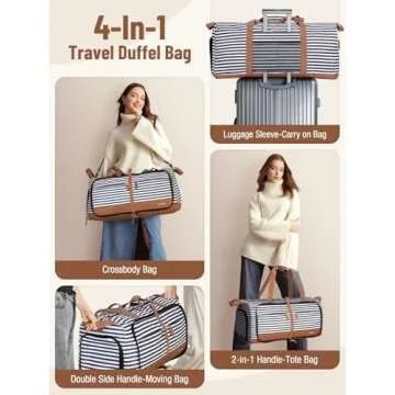 Lekesky Foldable Travel Duffle Bag for Women, 60L Large Duffel Bag with Separate Shoes Compartments & Straps, Carry On Weekend Bag for Women, Hospital, Overnight (Blue Stripes)