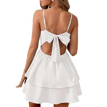 SEMATOMALA Women's Tie Back Spaghetti Strap Skater Mini Dress Tiered Ruffle Fit and Flared A Line Sexy Cute Short Party Dress WH-S White