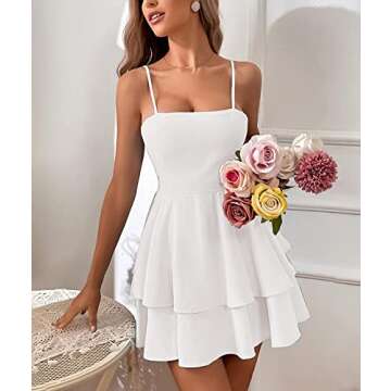 SEMATOMALA Women's Tie Back Spaghetti Strap Skater Mini Dress Tiered Ruffle Fit and Flared A Line Sexy Cute Short Party Dress WH-S White