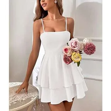 SEMATOMALA Women's Tie Back Spaghetti Strap Skater Mini Dress Tiered Ruffle Fit and Flared A Line Sexy Cute Short Party Dress WH-S White