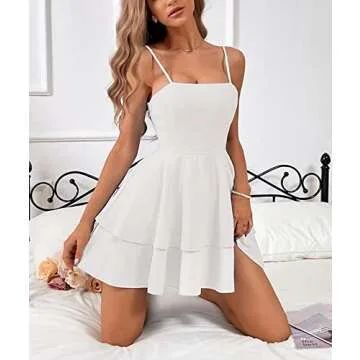 SEMATOMALA Women's Tie Back Spaghetti Strap Skater Mini Dress Tiered Ruffle Fit and Flared A Line Sexy Cute Short Party Dress WH-S White