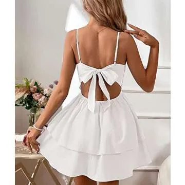 SEMATOMALA Women's Tie Back Spaghetti Strap Skater Mini Dress Tiered Ruffle Fit and Flared A Line Sexy Cute Short Party Dress WH-S White